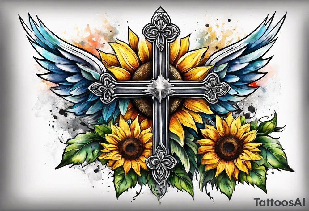 Winged cross with sunflower arm sleeve tattoo idea