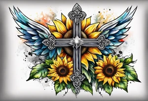 Winged cross with sunflower arm sleeve tattoo idea