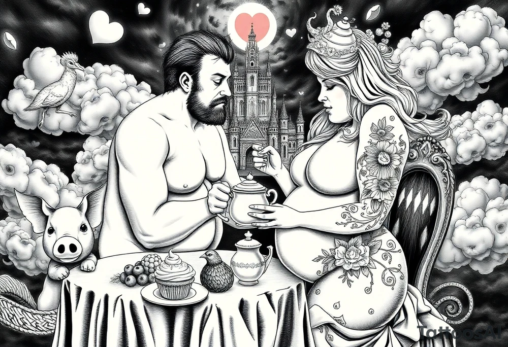 Mystical Naked Man and fat woman having sex eating cupcakes and  fruit  having sex clouds gothic sexy naked fat lady having a tea party with tea pot with fancy castle  
with a pigs, peacock,  lion, goat, noose and smoking cigerettes looking in the mirror thru storm clouds and broken hearts and darkness and wrath, envy , gluttony, greed, sloth, pride . Gothic tattoo idea