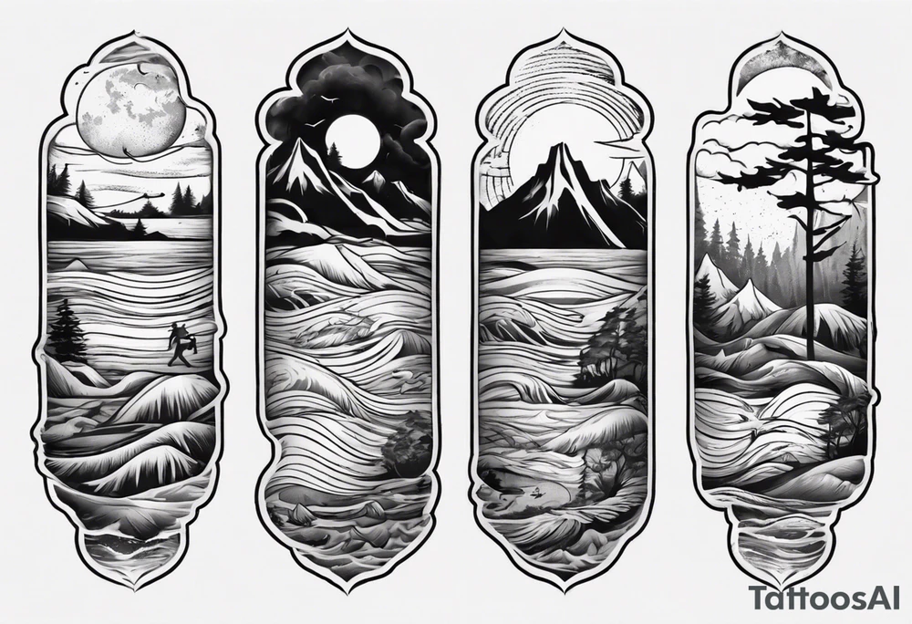 forearm tattoo with mountains, beach, waves, sunset, camping, trees tattoo idea