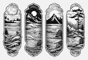 forearm tattoo with mountains, beach, waves, sunset, camping, trees tattoo idea