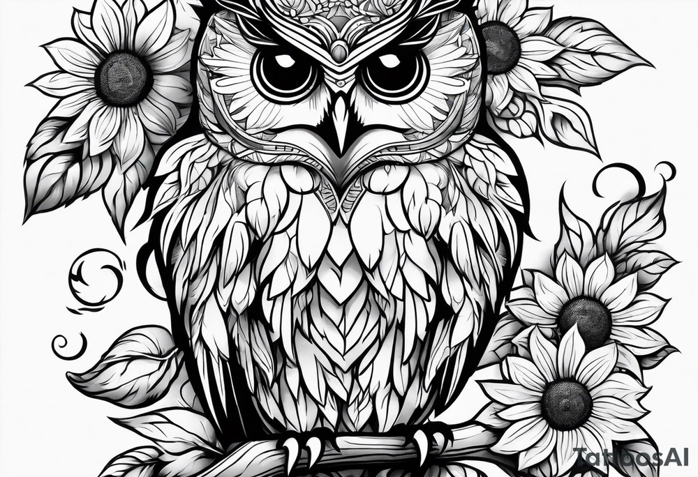 Black and white owl with sunflowers leg sleeve tattoo idea