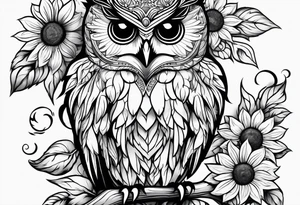 Black and white owl with sunflowers leg sleeve tattoo idea