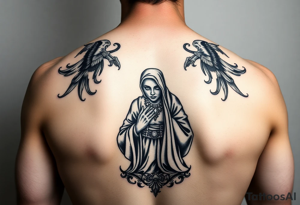 in base a quella statua modificala come se pregasse, con dei tatuaggi/statua rovinata, con collane d'oro, gioielli, criminale, stile tatuaggio bianco e nero, braccio, più femminile tattoo idea
