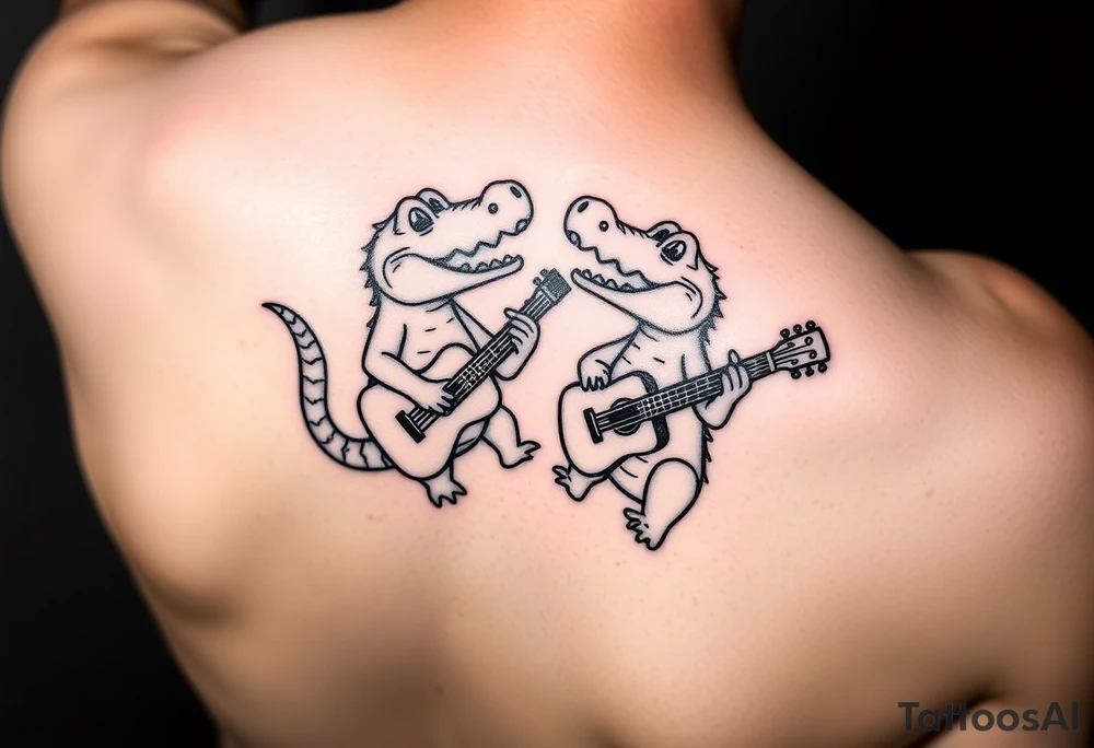 Two cartoon alligators playing music together tattoo idea