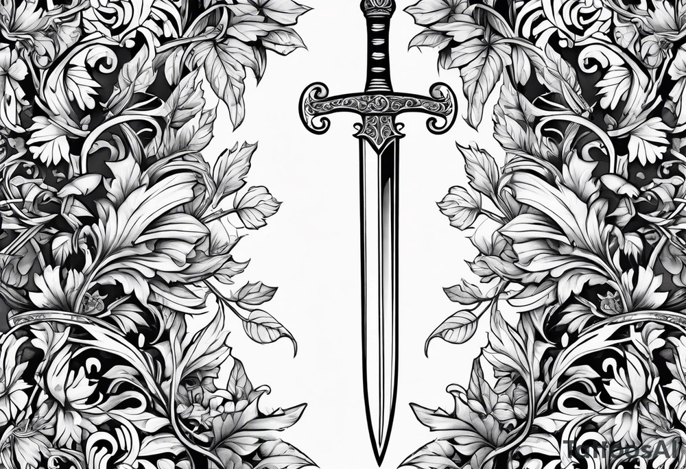 Leafy vines with sword tattoo idea