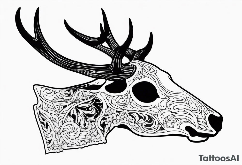 side profile of a deer skull JUST BONE surrounded by a flames and trees tattoo idea