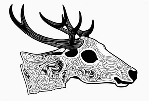 side profile of a deer skull JUST BONE surrounded by a flames and trees tattoo idea