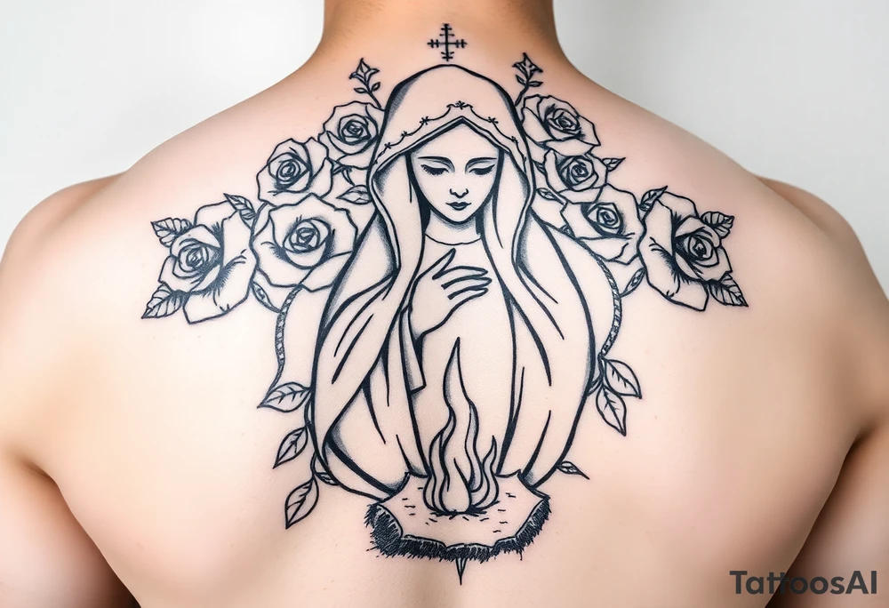 Mother mary with roses around her head, and a burnt up paper under her feet tattoo idea
