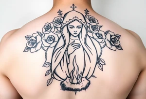 Mother mary with roses around her head, and a burnt up paper under her feet tattoo idea