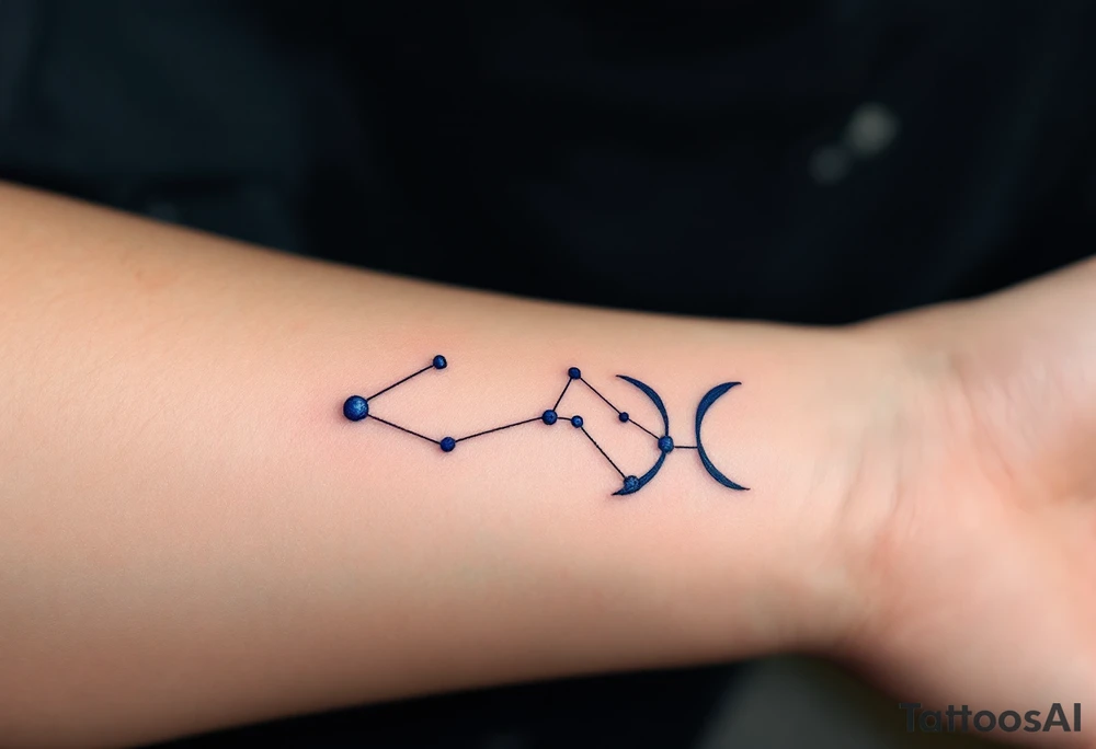 A bold constellation in sapphire ink arcs over a pale Pisces glyph, creating a celestial connection on the wrist. tattoo idea