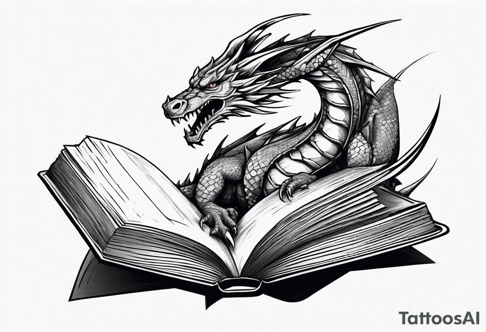 An open book with a dragon curled up and resting underneath it. tattoo idea