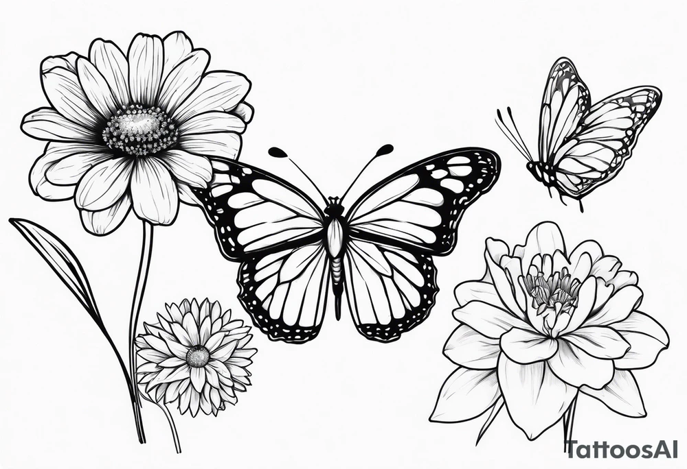 Daisy, marigold and lily flowers with a butterfly tattoo idea