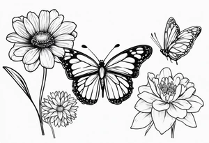 Daisy, marigold and lily flowers with a butterfly tattoo idea
