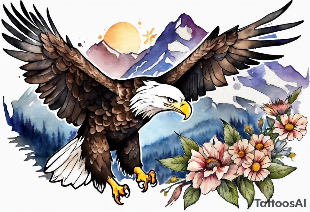 bald eagle with wings spread with mountain flowers in the background tattoo idea