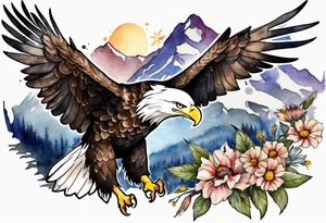 bald eagle with wings spread with mountain flowers in the background tattoo idea