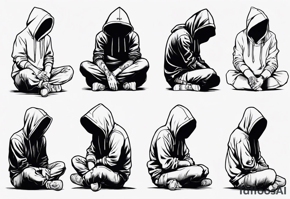 A human in a hoodie sitting on a box, looking down. tattoo idea A human in a hoodie sitting on a box, looking down. tattoo idea