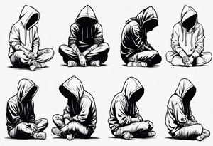 A human in a hoodie sitting on a box, looking down. tattoo idea