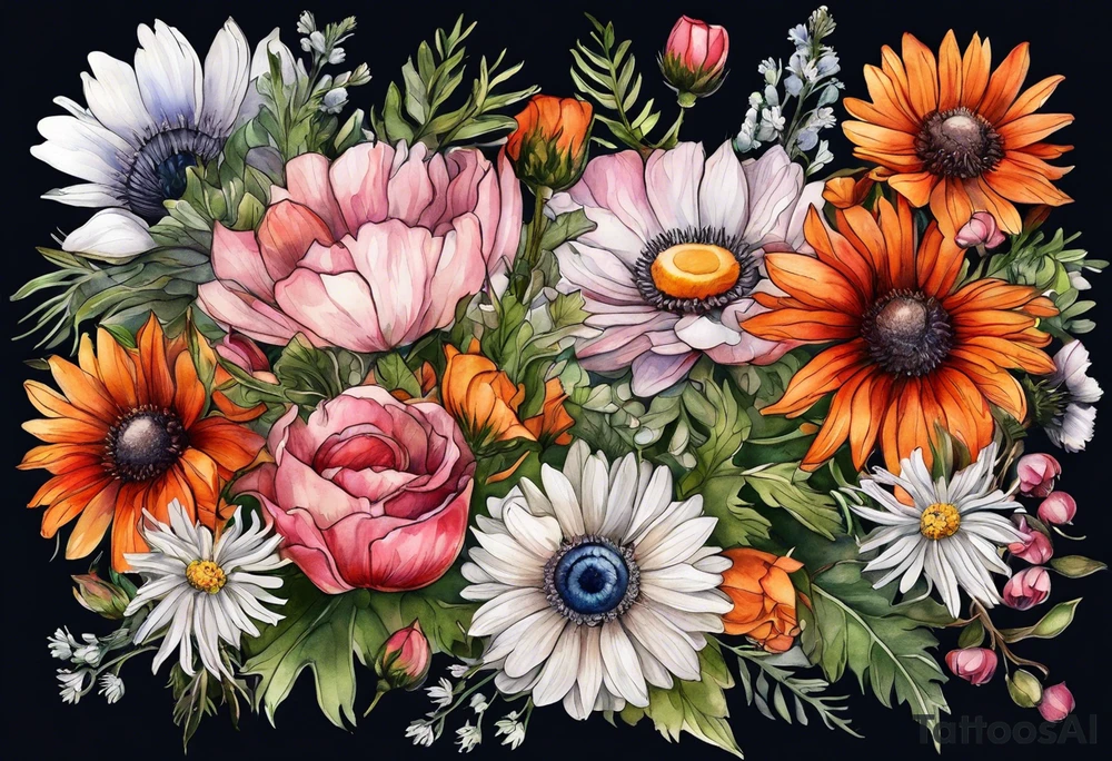 wildflowers cascading with thistles, ferns, white anemones, sun flowers, orange flowers, pink flowers, red flowers, babys breath and daisies all in watercolor tattoo idea