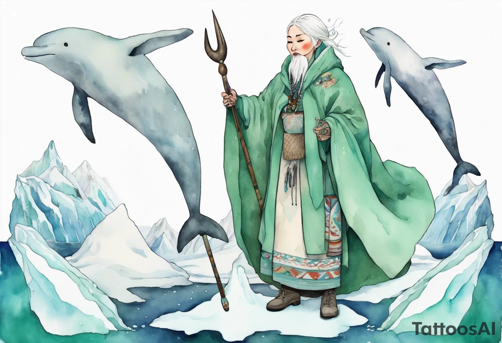 a 55-year-old Sami woman with white  hair wearing a white and mint cloak standing on an iceberg with one narwhal in the background tattoo idea