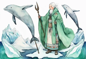 a 55-year-old Sami woman with white  hair wearing a white and mint cloak standing on an iceberg with one narwhal in the background tattoo idea