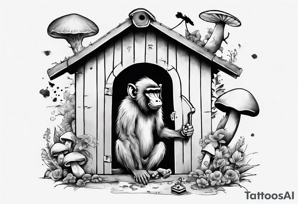 a baboon in a playhouse with mice and mushrooms tattoo idea