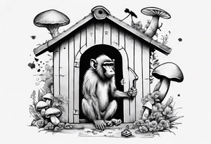 a baboon in a playhouse with mice and mushrooms tattoo idea