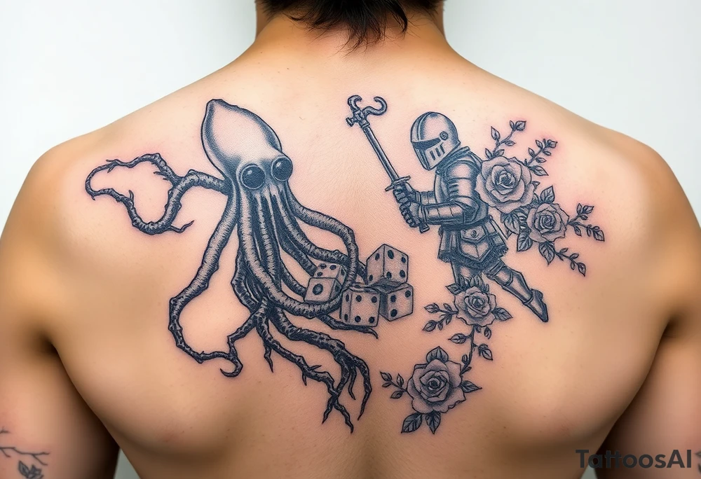 squid and knight combined with tree roots, cherry blossoms and roses rolling dice tattoo idea