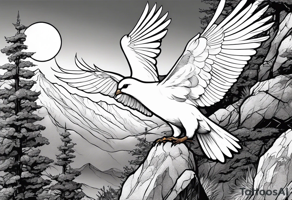 White Dove Perched on a tree branch at the top of the mountain with an eagle soaring overhead tattoo idea