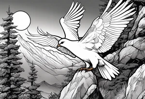 White Dove Perched on a tree branch at the top of the mountain with an eagle soaring overhead tattoo idea