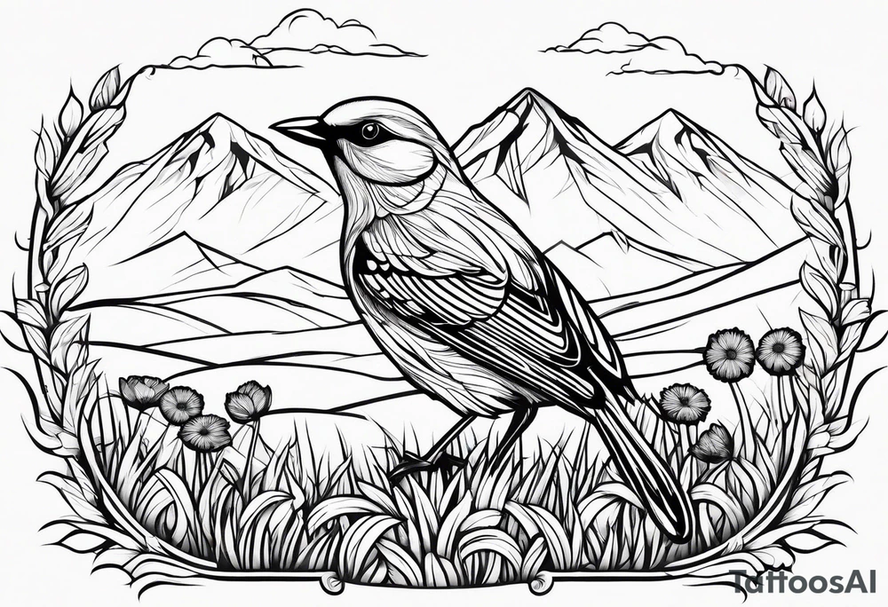 Small bird in field of grass and daisys Mountain View in distance tattoo idea