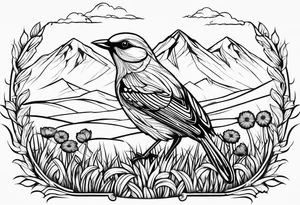 Small bird in field of grass and daisys Mountain View in distance tattoo idea