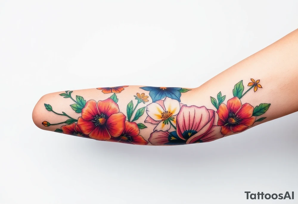 Fore arm tattoo in the neo american traditional style. I want to incorporate a few different flowers: Poppies, Morning Glory, Narcissus with green leaves in the background tattoo idea