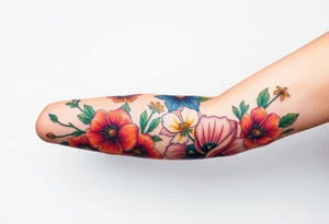 Fore arm tattoo in the neo american traditional style. I want to incorporate a few different flowers: Poppies, Morning Glory, Narcissus with green leaves in the background tattoo idea