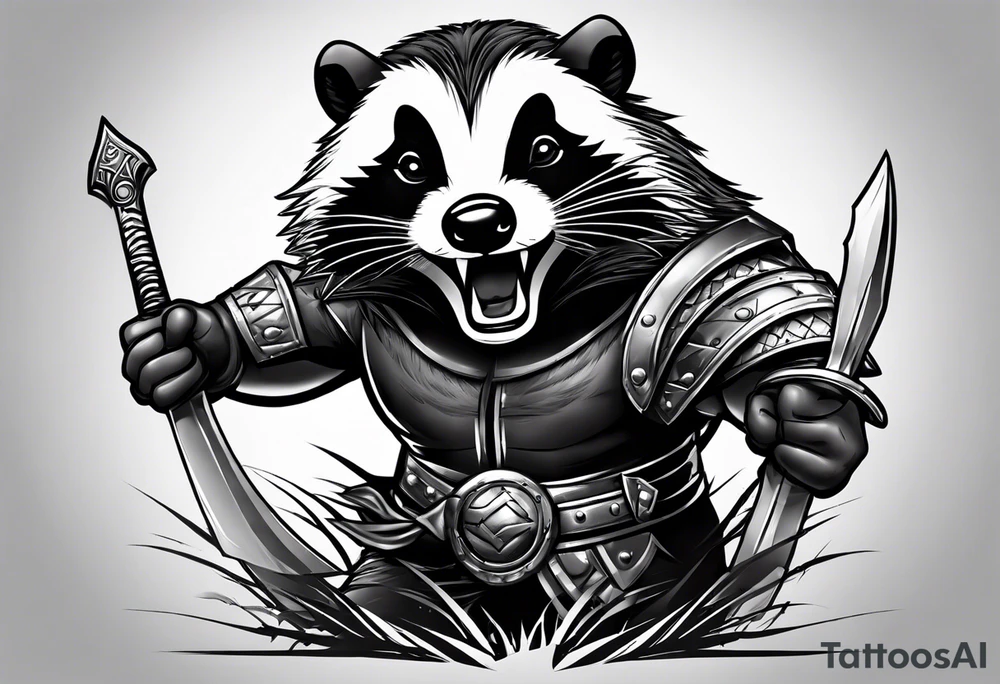 Draw me badger with aggressive full body, killer face with cute smile, very long nails and he attacks like a Turkish gladiator to enemy and also he has very deadly looking. The only weapon is his braveness he fights with his nails. tattoo idea