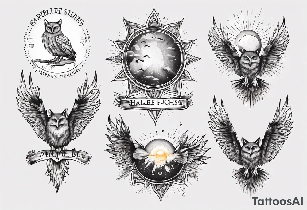 halb 
Fuchs halb Eule unter der Sonne mit dem Schriftzug Sapere Aude tattoo idea