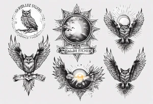 halb 
Fuchs halb Eule unter der Sonne mit dem Schriftzug Sapere Aude tattoo idea