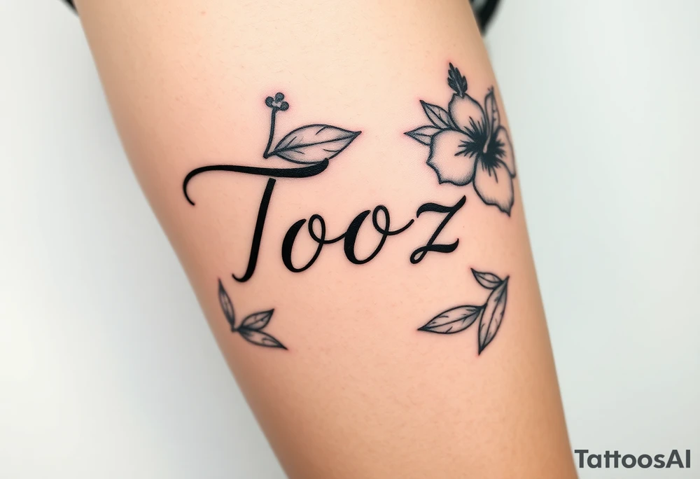 Tooz in cursive surrounded by large hibiscus flowers tattoo idea
