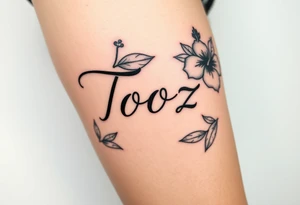 Tooz in cursive surrounded by large hibiscus flowers tattoo idea