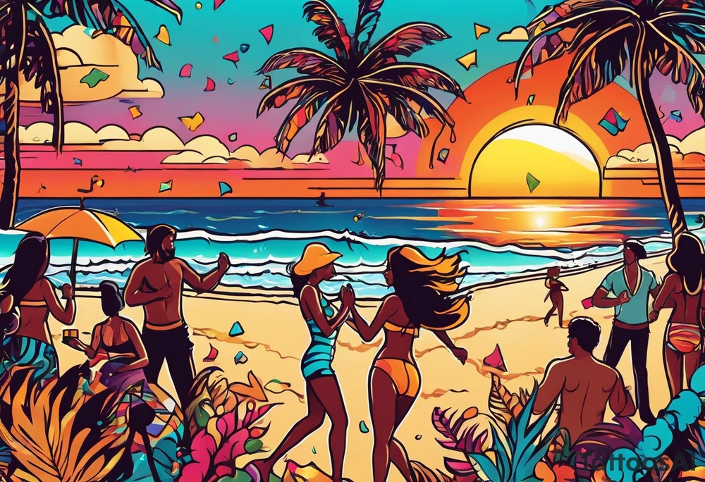 1970'S BEACH DANCE PARTY 
party, include confetti, music notes, 
, bikinis sunset in the center tattoo idea