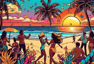 1970'S BEACH DANCE PARTY 
party, include confetti, music notes, 
, bikinis sunset in the center tattoo idea