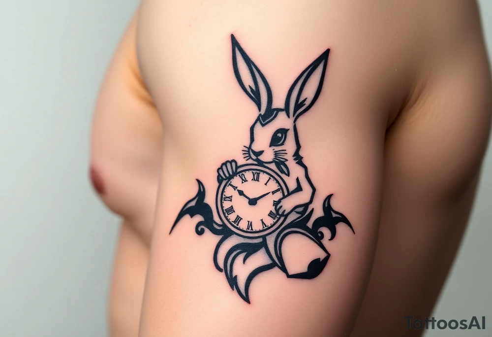 Tribal Rabbit holding a Clock tattoo idea