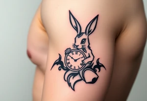 Tribal Rabbit holding a Clock tattoo idea
