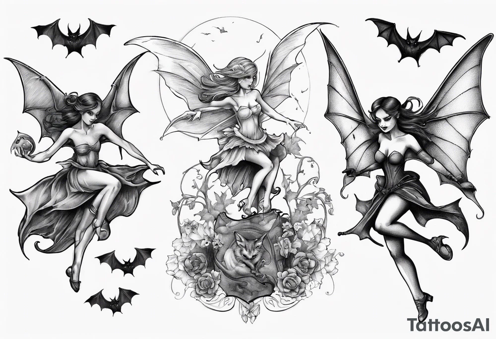 Fairy riding on a giant bat tattoo idea