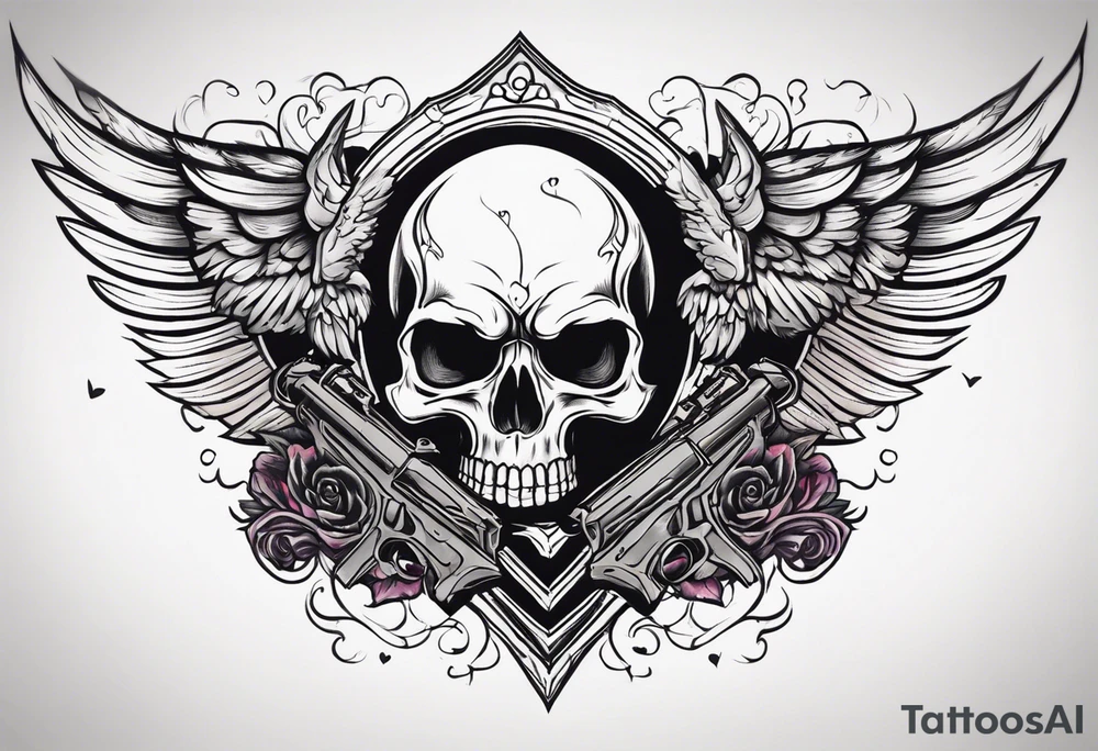 skull with a gun dominated by a  heart with wings and  flames coming out of the top of it tattoo idea