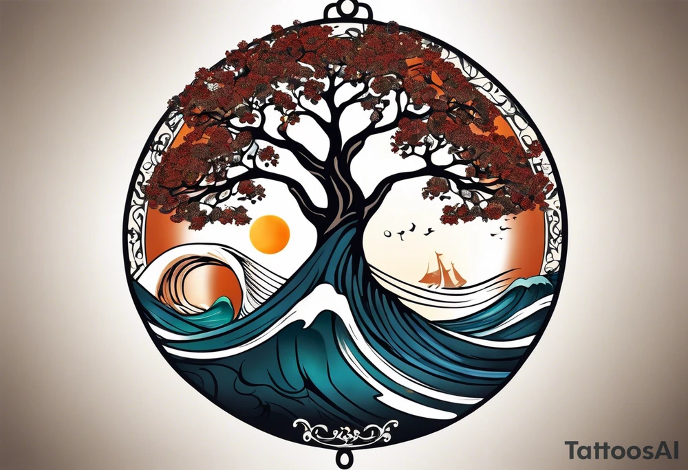 an abstract Tree of Life tattoo. It should have roots growing out of the bottom. The roots slowly turn into water from the Great Wave by Hokusai. A golf flag should be placed discreetly growing out of the ground. 2 license plate tags should be hanging from the tree. Place a few music notes in the areas the leaves should be. The letters A U should be engraving into the tree trunk in a heart. Not inside a circle. The overall shape of the tattoo should be organic. Black and white only. tattoo idea