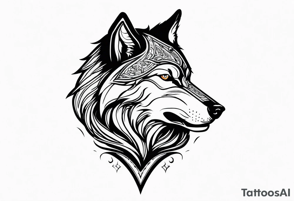 a head of savage wolf with a sword in its mouth facing left tattoo idea