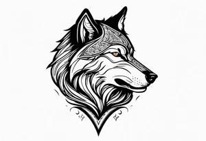 a head of savage wolf with a sword in its mouth facing left tattoo idea