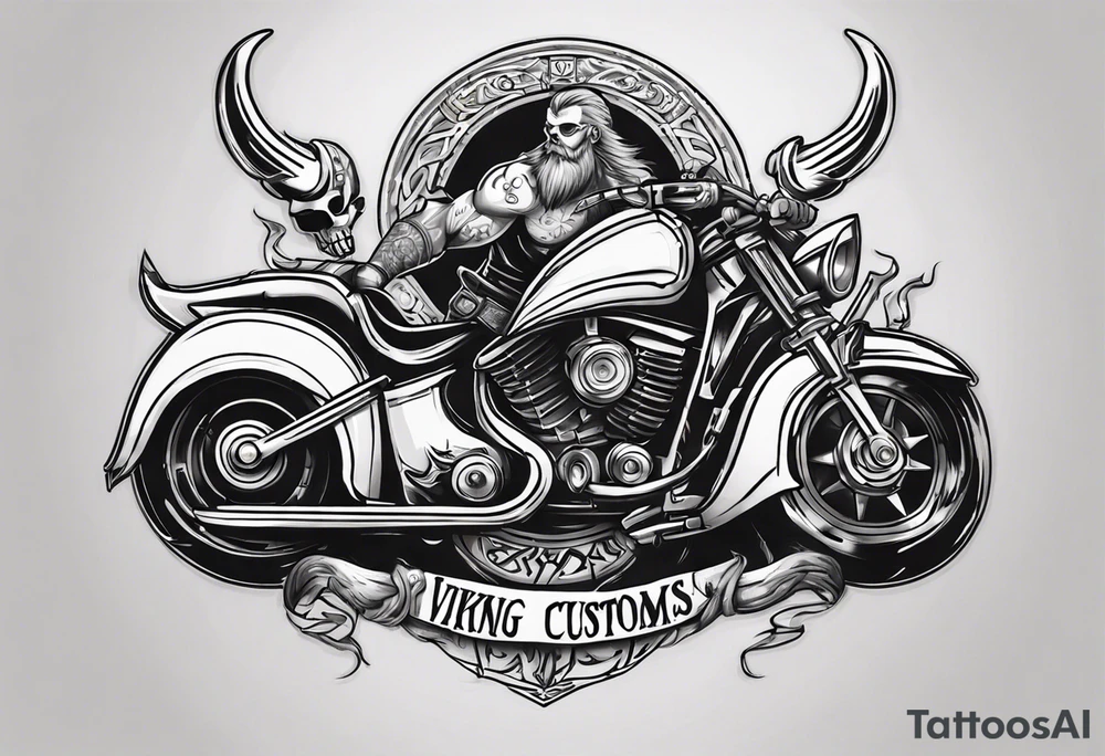 Create a tattoo design of my company called “Viking Customs” i want the name in the tattoo with a skeleton riding a motorcycle tattoo idea