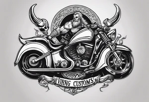 Create a tattoo design of my company called “Viking Customs” i want the name in the tattoo with a skeleton riding a motorcycle tattoo idea